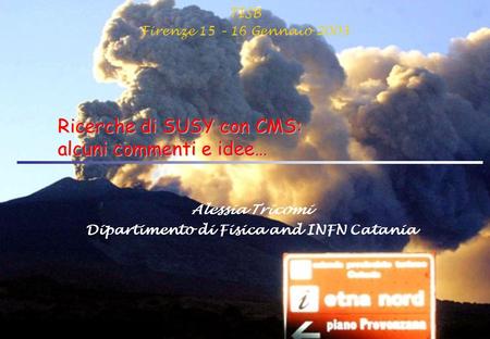 TISB Firenze 15 – 16 Gennaio 2003 Ricerche di SUSY con CMS: alcuni commenti e idee… Alessia Tricomi Dipartimento di Fisica and INFN Catania.