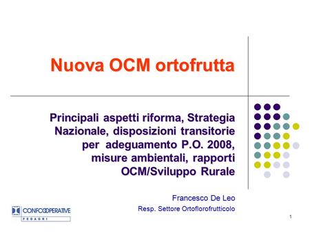 1 Principali aspetti riforma, Strategia Nazionale, disposizioni transitorie per adeguamento P.O. 2008, misure ambientali, rapporti OCM/Sviluppo Rurale.