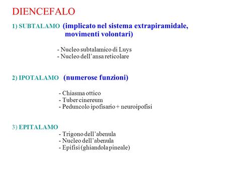 DIENCEFALO 1) SUBTALAMO (implicato nel sistema extrapiramidale, movimenti volontari) 	- Nucleo.