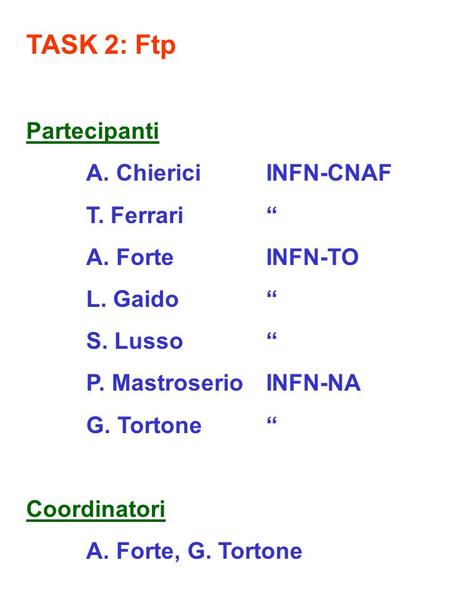 TASK 2: Ftp Partecipanti A. Chierici INFN-CNAF T. Ferrari A. Forte INFN-TO L. Gaido S. Lusso P. Mastroserio INFN-NA G. Tortone Coordinatori A. Forte, G.
