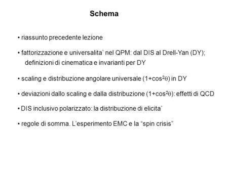 Schema riassunto precedente lezione fattorizzazione e universalita` nel QPM: dal DIS al Drell-Yan (DY); definizioni di cinematica e invarianti per DY scaling.
