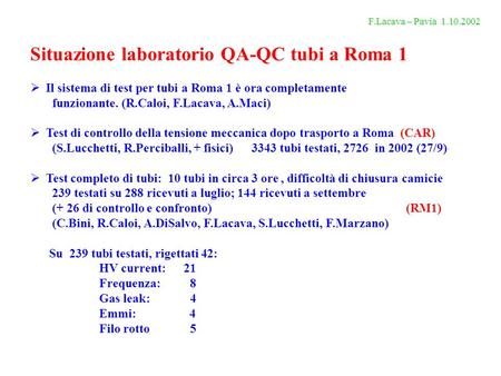 Situazione laboratorio QA-QC tubi a Roma 1 Il sistema di test per tubi a Roma 1 è ora completamente funzionante. (R.Caloi, F.Lacava, A.Maci) Test di controllo.
