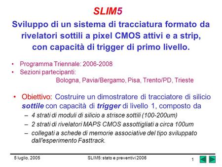 5 luglio, 2005SLIM5: stato e preventivi 2006 1 SLIM5 Sviluppo di un sistema di tracciatura formato da rivelatori sottili a pixel CMOS attivi e a strip,