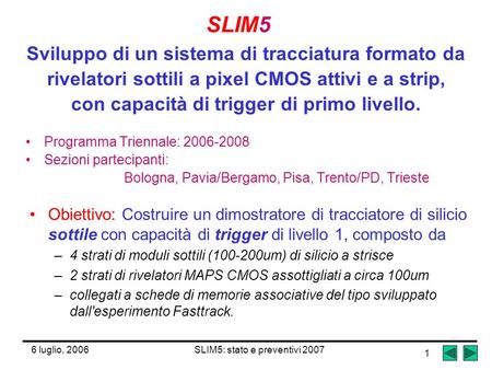 6 luglio, 2006SLIM5: stato e preventivi 2007 1 SLIM5 Sviluppo di un sistema di tracciatura formato da rivelatori sottili a pixel CMOS attivi e a strip,