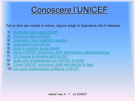 Conoscere l’UNICEF Fai un click per iniziare in ordine, oppure scegli la diapositiva che ti interessa Significato della sigla UNICEF Quando è nato l’UNICEF.