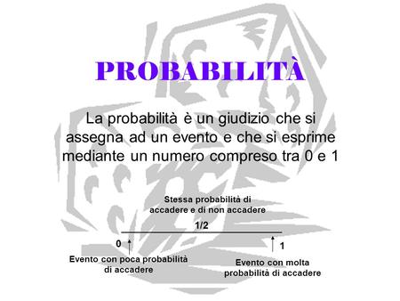PROBABILITÀ La probabilità è un giudizio che si assegna ad un evento e che si esprime mediante un numero compreso tra 0 e 1 1 Evento con molta probabilità.