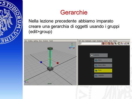 Gerarchie Nella lezione precedente abbiamo imparato creare una gerarchia di oggetti usando i gruppi (edit>group)