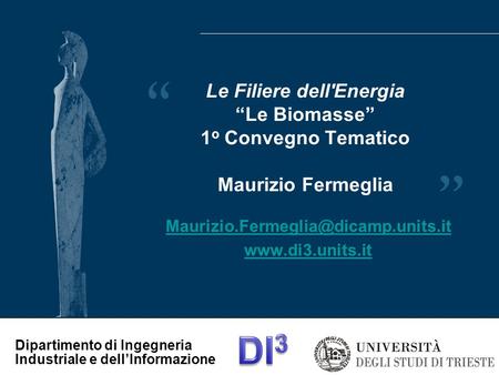 Maurizio.Fermeglia@dicamp.units.it www.di3.units.it Le Filiere dell'Energia “Le Biomasse” 1o Convegno Tematico Maurizio Fermeglia Maurizio.Fermeglia@dicamp.units.it.