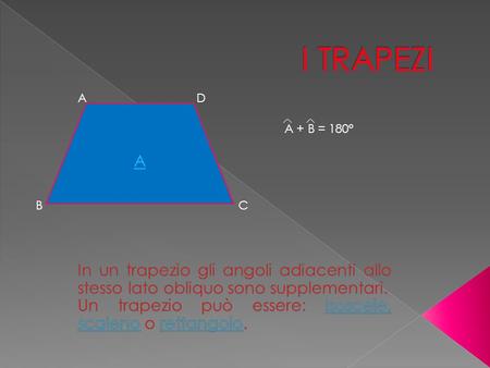 I TRAPEZI A D A A + B = 180° B C In un trapezio gli angoli adiacenti allo stesso lato obliquo sono supplementari. Un trapezio può essere: isoscele, scaleno.