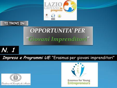 OPPORTUNITA PER Giovani ImprenditoriGiovani Imprenditori OPPORTUNITA PER Giovani ImprenditoriGiovani Imprenditori Impresa e Programmi UE: Erasmus per giovani.