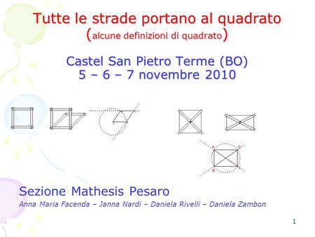 Tutte le strade portano… al quadrato: Tutte le strade portano al quadrato (alcune definizioni di quadrato) Castel San Pietro Terme (BO) 5 –