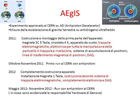AEgIS Esperimento approvato al CERN su AD (Antiproton Decelerator) Misura della accelerazione di gravita terrestre su antidrogeno ultrafreddo 2011: Costruzione.