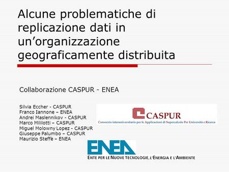 Alcune problematiche di replicazione dati in unorganizzazione geograficamente distribuita Collaborazione CASPUR - ENEA Silvia Eccher - CASPUR Franco Iannone.