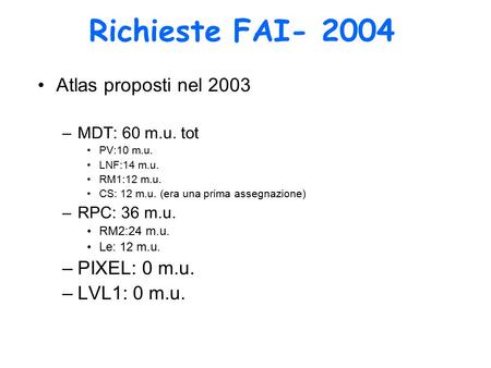 Richieste FAI- 2004 Atlas proposti nel 2003 –MDT: 60 m.u. tot PV:10 m.u. LNF:14 m.u. RM1:12 m.u. CS: 12 m.u. (era una prima assegnazione) –RPC: 36 m.u.