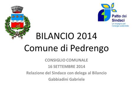 BILANCIO 2014 Comune di Pedrengo CONSIGLIO COMUNALE 16 SETTEMBRE 2014 Relazione del Sindaco con delega al Bilancio Gabbiadini Gabriele.