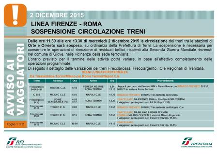 LINEA FIRENZE - ROMA SOSPENSIONE CIRCOLAZIONE TRENI 2 DICEMBRE 2015 Dalle ore 11.30 alle ore 13.30 di mercoledì 2 dicembre 2015 la circolazione dei treni.