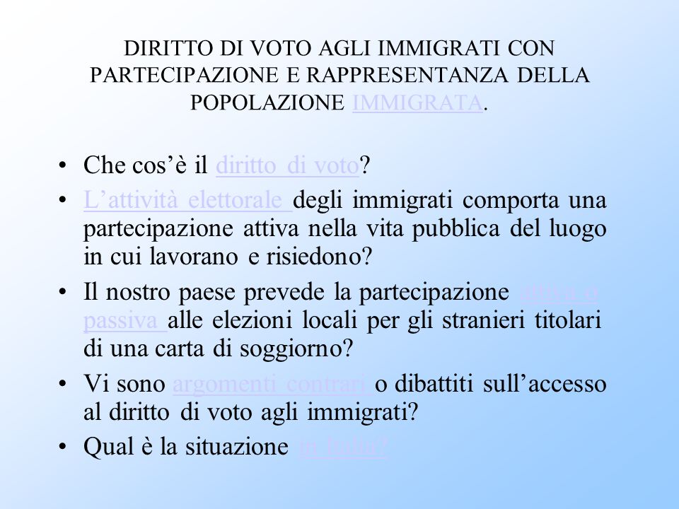 Diritto di voto agli immigrati ppt scaricare for Diritto di soggiorno
