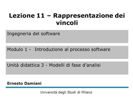 Ingegneria del software Modulo 1 - Introduzione al processo software Unità didattica 3 - Modelli di fase danalisi Ernesto Damiani Università degli Studi.