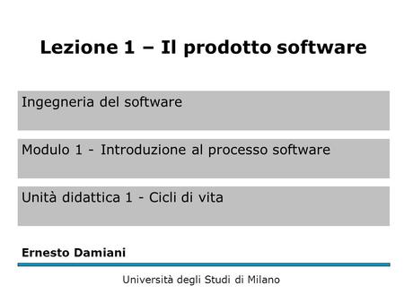 Ingegneria del software Modulo 1 -Introduzione al processo software Unità didattica 1 - Cicli di vita Ernesto Damiani Università degli Studi di Milano.
