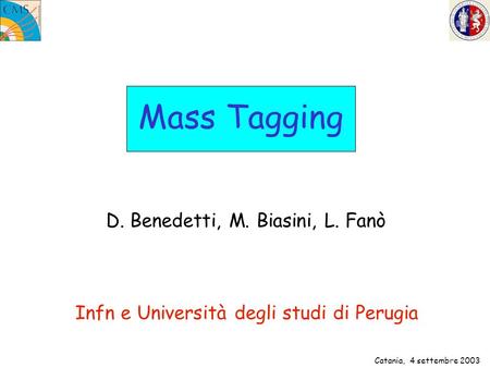 Catania, 4 settembre 2003 Mass Tagging D. Benedetti, M. Biasini, L. Fanò Infn e Università degli studi di Perugia.