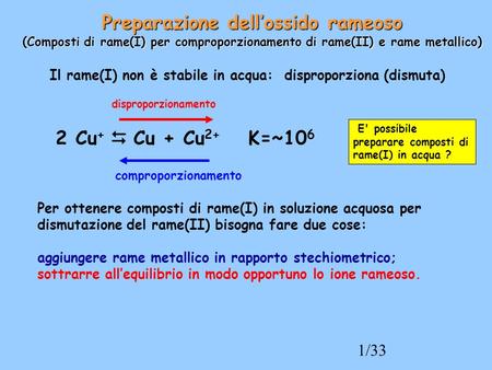 1/33 Preparazione dellossido rameoso (Composti di rame(I) per comproporzionamento di rame(II) e rame metallico) Il rame(I) non è stabile in acqua: disproporziona.