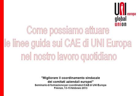 Migliorare il coordinamento sindacale dei comitati aziendali europei Seminario di formazione per coordinatori CAE di UNI Europa Firenze, 13-15 febbraio.