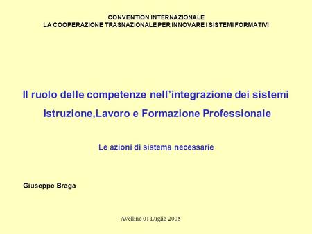 CONVENTION INTERNAZIONALE LA COOPERAZIONE TRASNAZIONALE PER INNOVARE I SISTEMI FORMATIVI Avellino 01 Luglio 2005 Il ruolo delle competenze nellintegrazione.
