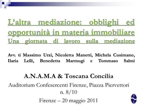 A.N.A.M.A & Toscana Concilia Auditorium Confesercenti Firenze, Piazza Piervettori n. 8/10 Firenze – 20 maggio 2011.