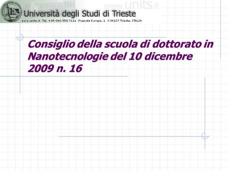 Consiglio della scuola di dottorato in Nanotecnologie del 10 dicembre 2009 n. 16.