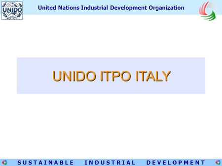 1 S U S T A I N A B L E I N D U S T R I A L D E V E L O P M E N T United Nations Industrial Development Organization UNIDO ITPO ITALY.