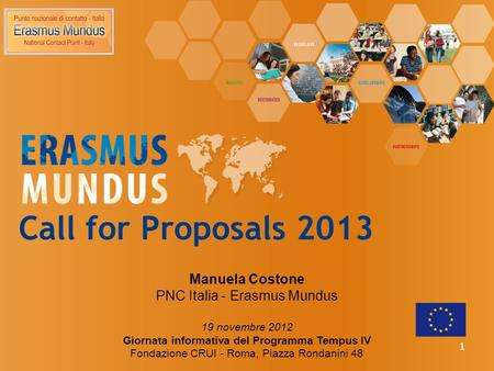 Call for Proposals 2013 Manuela Costone PNC Italia - Erasmus Mundus 19 novembre 2012 Giornata informativa del Programma Tempus IV Fondazione CRUI - Roma,