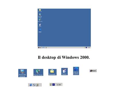 Il desktop di Windows 2000.. Il mouse. Il puntatore del mouse. Il cestino non selezionato. Il cestino selezionato.