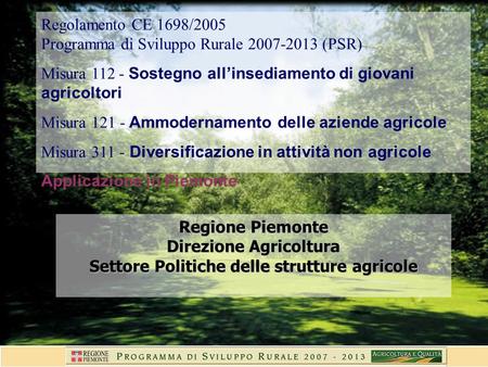 Regione Piemonte Direzione Agricoltura Settore Politiche delle strutture agricole Regolamento CE 1698/2005 Programma di Sviluppo Rurale 2007-2013 (PSR)