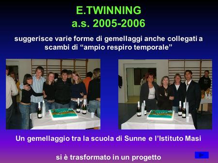 E.TWINNING a.s. 2005-2006 suggerisce varie forme di gemellaggi anche collegati a scambi di ampio respiro temporale Un gemellaggio tra la scuola di Sunne.