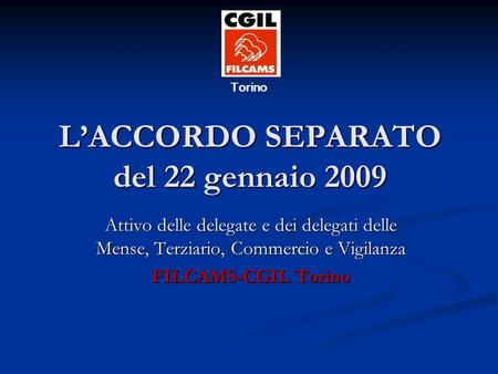 LACCORDO SEPARATO del 22 gennaio 2009 Attivo delle delegate e dei delegati delle Mense, Terziario, Commercio e Vigilanza FILCAMS-CGIL Torino Torino.