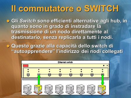 Il commutatore o SWITCH Gli Switch sono efficienti alternative agli hub, in quanto sono in grado di instradare la trasmissione di un nodo direttamente.