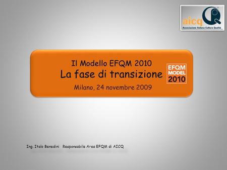 Il Modello EFQM 2010 La fase di transizione Milano, 24 novembre 2009 Ing. Italo Benedini Responsabile Area EFQM di AICQ Ing. Italo Benedini Responsabile.