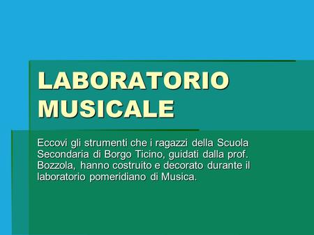 LABORATORIO MUSICALE Eccovi gli strumenti che i ragazzi della Scuola Secondaria di Borgo Ticino, guidati dalla prof. Bozzola, hanno costruito e decorato.