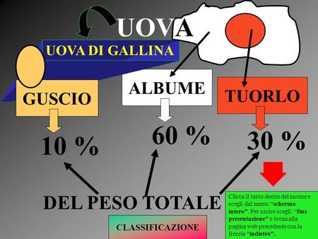 UOVA 60 % 30 % 10 % DEL PESO TOTALE ALBUME TUORLO GUSCIO