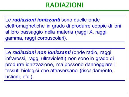 RADIAZIONI Le radiazioni ionizzanti sono quelle onde elettromagnetiche in grado di produrre coppie di ioni al loro passaggio nella materia (raggi X, raggi.