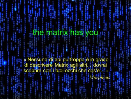 The matrix has you « Nessuno di noi purtroppo è in grado di descrivere Matrix agli altri... dovrai scoprire con i tuoi occhi che cos'è... » Morpheus.