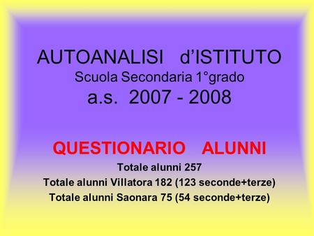 AUTOANALISI dISTITUTO Scuola Secondaria 1°grado a.s. 2007 - 2008 QUESTIONARIO ALUNNI Totale alunni 257 Totale alunni Villatora 182 (123 seconde+terze)