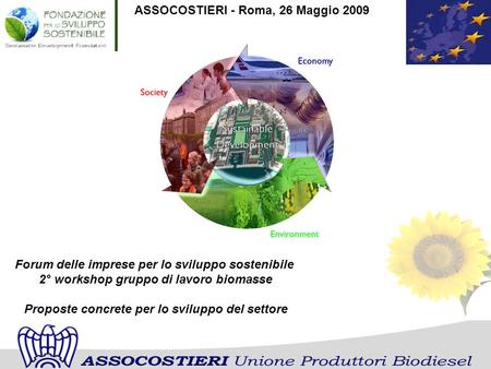 ASSOCOSTIERI - Roma, 26 Maggio 2009 Forum delle imprese per lo sviluppo sostenibile 2° workshop gruppo di lavoro biomasse Proposte concrete per lo sviluppo.