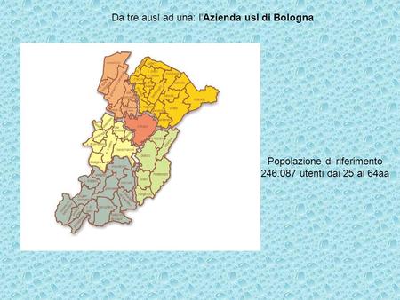 Popolazione di riferimento 246.087 utenti dai 25 ai 64aa Da tre ausl ad una: lAzienda usl di Bologna.