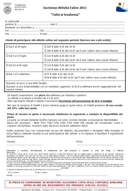Associazione BarchettaBlu – Dorsoduro 614 – Venezia tel/fax 041.2413551  Assessorato alle Politiche Educative Iscrizione.