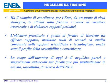 Comitato di Coordinamento per le Attività sulla Fissione Nucleare 13 gennaio 2009 NUCLEARE DA FISSIONE ENEA - Lungotevere Thaon de Revel, 76 - Roma 1 Ha.