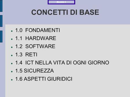 CONCETTI DI BASE 1.0 FONDAMENTI 1.1 HARDWARE 1.2 SOFTWARE 1.3 RETI