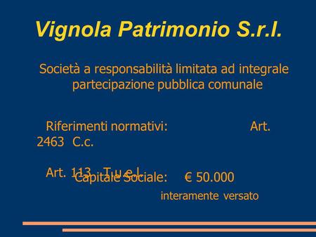 Vignola Patrimonio S.r.l. Società a responsabilità limitata ad integrale partecipazione pubblica comunale Riferimenti normativi: Art. 2463 C.c. Art. 113.