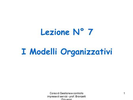 Lezione N° 7 I Modelli Organizzativi