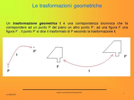 A.s.2009-2010 1 Lezioni a cura del Prof.Giovanni Calò Le trasformazioni geometriche Un trasformazione geometrica t è una corrispondenza biunivoca che fa.